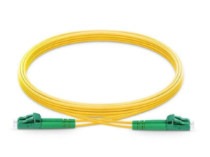 FC/UPC single-fiber patch cord showing FC connectors with blue boots on both ends and yellow single-mode cable