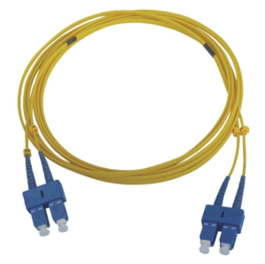 FC/UPC duplex patch cord showing two fibers with FC connectors joined by duplex clip on each end